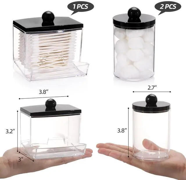 Alt view image 2 of 7 - 10oz Cotton Ball Holder Qtips Dispenser, Bathroom Container Organizer for Storage Cotton Swabs, Pads - Apothecary Jar with Black Lids