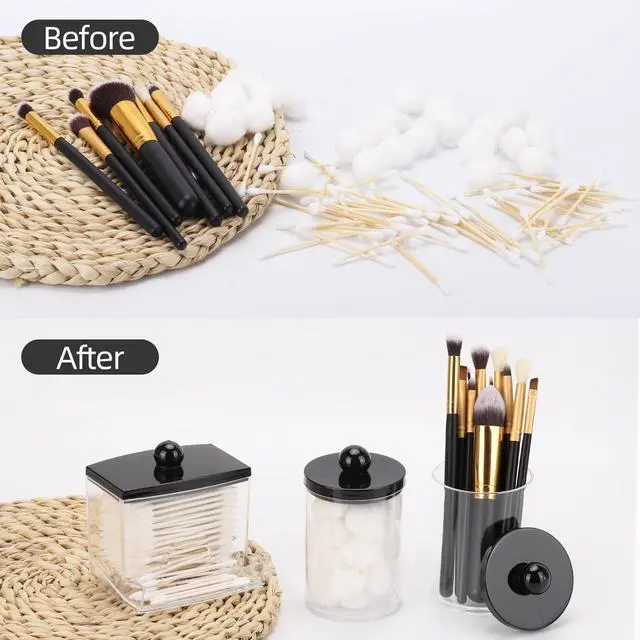 Alt view image 4 of 7 - 10oz Cotton Ball Holder Qtips Dispenser, Bathroom Container Organizer for Storage Cotton Swabs, Pads - Apothecary Jar with Black Lids