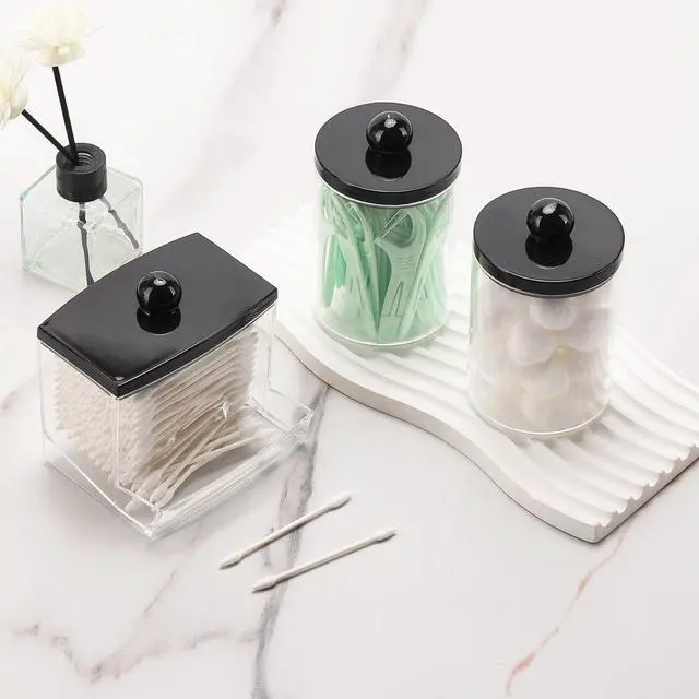Alt view image 5 of 7 - 10oz Cotton Ball Holder Qtips Dispenser, Bathroom Container Organizer for Storage Cotton Swabs, Pads - Apothecary Jar with Black Lids