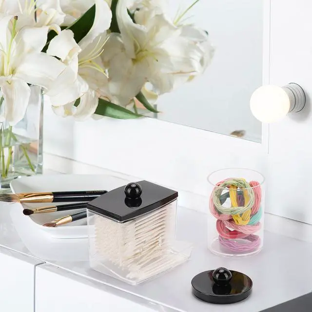 Alt view image 7 of 7 - 10oz Cotton Ball Holder Qtips Dispenser, Bathroom Container Organizer for Storage Cotton Swabs, Pads - Apothecary Jar with Black Lids