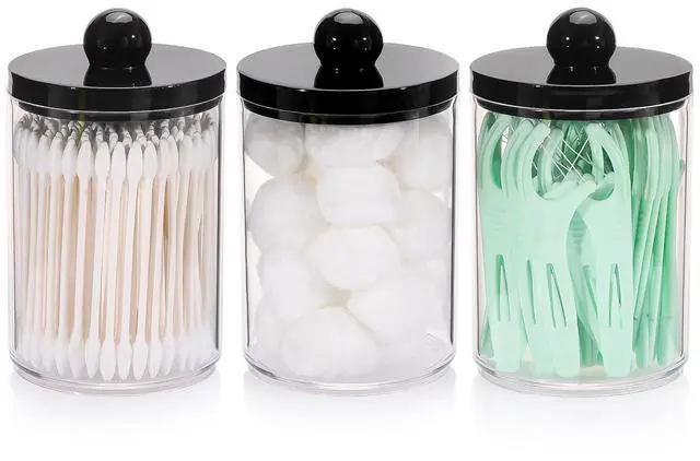 Main image of 10oz Qtips Holder - Bathroom Organizers and Storage Containers Plastic Apothecary Jar with Black Lids for Cotton Swab, Cotton Round Pads, Floss - Black