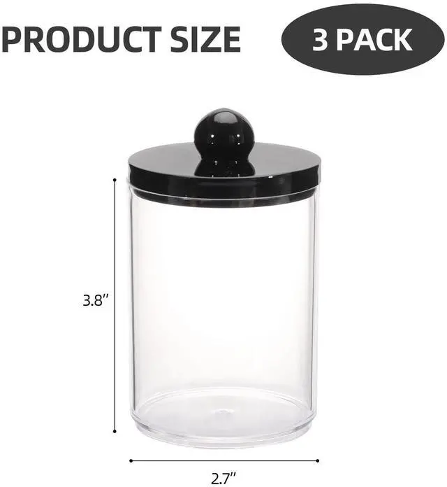 Alt view image 2 of 7 - 10oz Qtips Holder - Bathroom Organizers and Storage Containers Plastic Apothecary Jar with Black Lids for Cotton Swab, Cotton Round Pads, Floss - Black