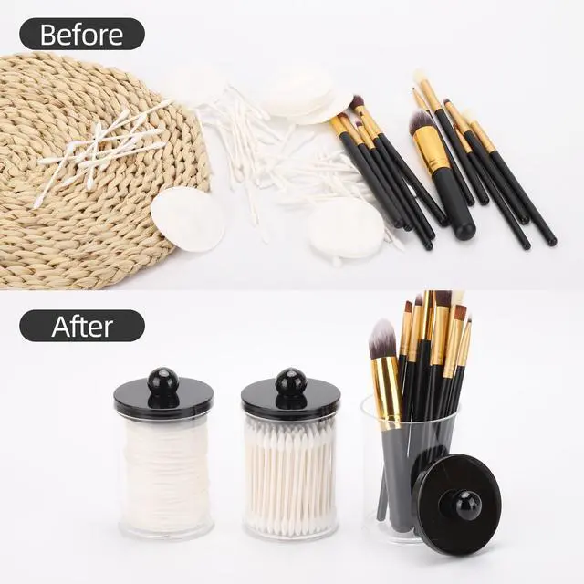 Alt view image 4 of 7 - 10oz Qtips Holder - Bathroom Organizers and Storage Containers Plastic Apothecary Jar with Black Lids for Cotton Swab, Cotton Round Pads, Floss - Black