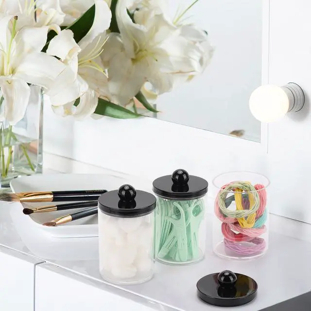 Alt view image 5 of 7 - 10oz Qtips Holder - Bathroom Organizers and Storage Containers Plastic Apothecary Jar with Black Lids for Cotton Swab, Cotton Round Pads, Floss - Black