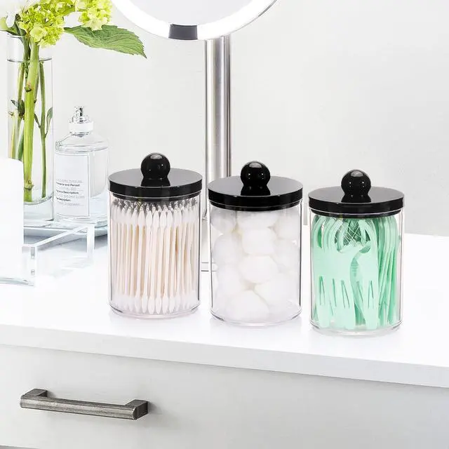Alt view image 7 of 7 - 10oz Qtips Holder - Bathroom Organizers and Storage Containers Plastic Apothecary Jar with Black Lids for Cotton Swab, Cotton Round Pads, Floss - Black