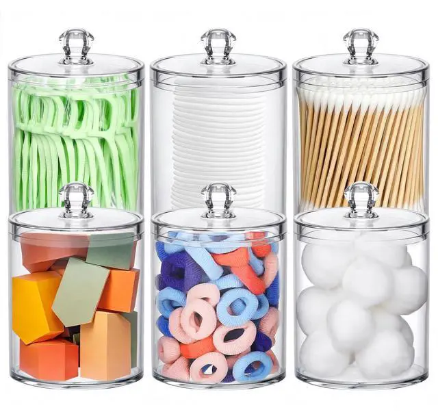 Main image of Qtip Holder 6 Pack, Acrylic Q-tip Dispenser for Cotton Pads, Swabs, Balls, Storage Containers for Organizing, Clear Bathroom Canisters with Lid, Apothecary Jars Home Decor Accessories Set