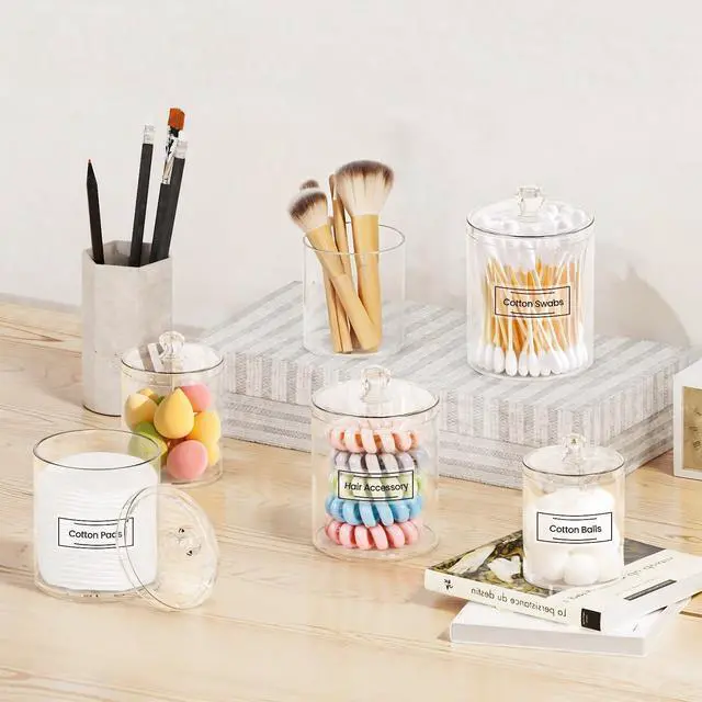 Alt view image 2 of 7 - Qtip Holder 6 Pack, Acrylic Q-tip Dispenser for Cotton Pads, Swabs, Balls, Storage Containers for Organizing, Clear Bathroom Canisters with Lid, Apothecary Jars Home Decor Accessories Set