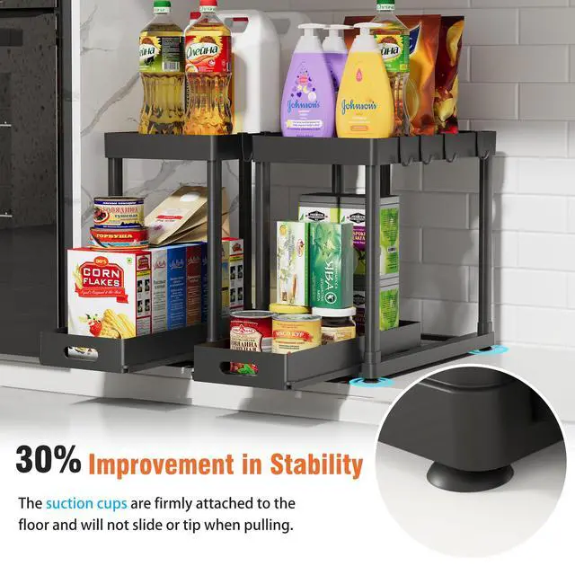 Alt view image 3 of 7 - 2 Pack Pull-Out Storage Organizers, Under Sink Organizer and Storage for Bathroom & Kitchen,Multi-Purpose Under Cabinet Organizers and storage Black
