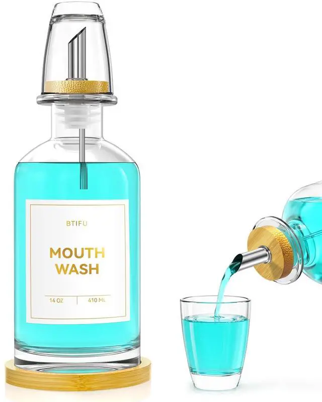 Main image of Glass Mouthwash Dispenser for Bathroom 14oz Refillable Mouthwash Container with 2 Glass Cups & Bamboo Tray, Countertop Mouth Wash Dispensers - Bathroom Decor for Home, Airbnb, Office (Clear)