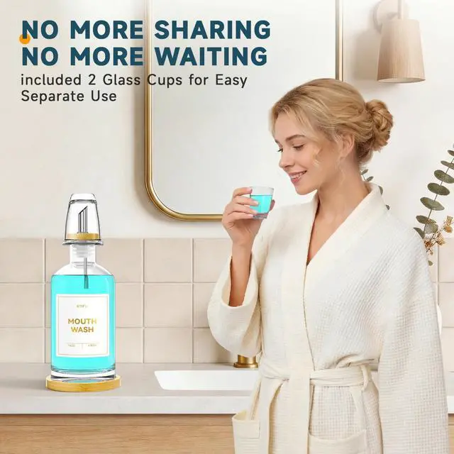 Alt view image 3 of 7 - Glass Mouthwash Dispenser for Bathroom 14oz Refillable Mouthwash Container with 2 Glass Cups & Bamboo Tray, Countertop Mouth Wash Dispensers - Bathroom Decor for Home, Airbnb, Office (Clear)