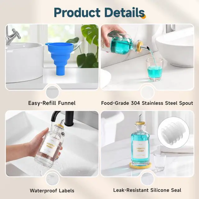 Alt view image 6 of 7 - Glass Mouthwash Dispenser for Bathroom 14oz Refillable Mouthwash Container with 2 Glass Cups & Bamboo Tray, Countertop Mouth Wash Dispensers - Bathroom Decor for Home, Airbnb, Office (Clear)
