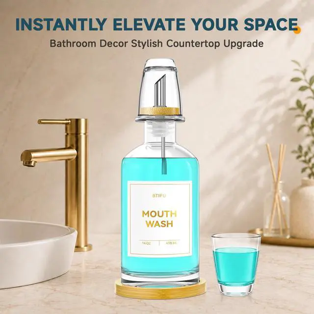 Alt view image 2 of 7 - Glass Mouthwash Dispenser for Bathroom 14oz Refillable Mouthwash Container with 2 Glass Cups & Bamboo Tray, Countertop Mouth Wash Dispensers - Bathroom Decor for Home, Airbnb, Office (Clear)