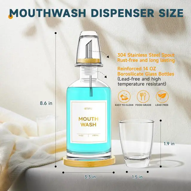 Alt view image 7 of 7 - Glass Mouthwash Dispenser for Bathroom 14oz Refillable Mouthwash Container with 2 Glass Cups & Bamboo Tray, Countertop Mouth Wash Dispensers - Bathroom Decor for Home, Airbnb, Office (Clear)