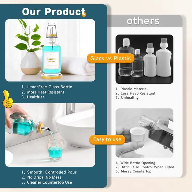 Alt view image 5 of 7 - Glass Mouthwash Dispenser for Bathroom 14oz Refillable Mouthwash Container with 2 Glass Cups & Bamboo Tray, Countertop Mouth Wash Dispensers - Bathroom Decor for Home, Airbnb, Office (Clear)