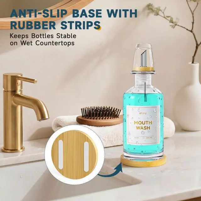 Alt view image 4 of 7 - Glass Mouthwash Dispenser for Bathroom 14oz Refillable Mouthwash Container with 2 Glass Cups & Bamboo Tray, Countertop Mouth Wash Dispensers - Bathroom Decor for Home, Airbnb, Office (Clear)