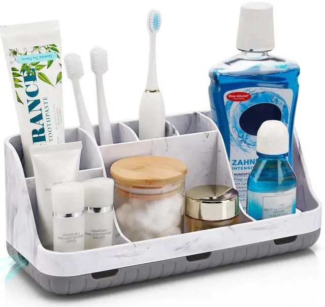 Main image of Marble Bathroom Countertop Organizer - Detachable 7 Slots Kids Electric Toothbrush and Toothpaste Holde Drainage for Bathroom Accessories Organization Counter Vanity Storage, Grey