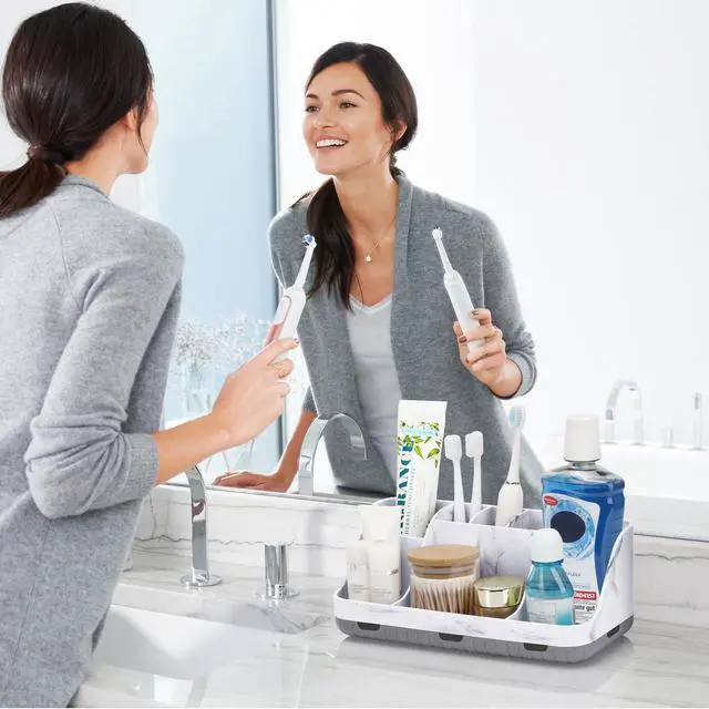 Alt view image 2 of 7 - Marble Bathroom Countertop Organizer - Detachable 7 Slots Kids Electric Toothbrush and Toothpaste Holde Drainage for Bathroom Accessories Organization Counter Vanity Storage, Grey