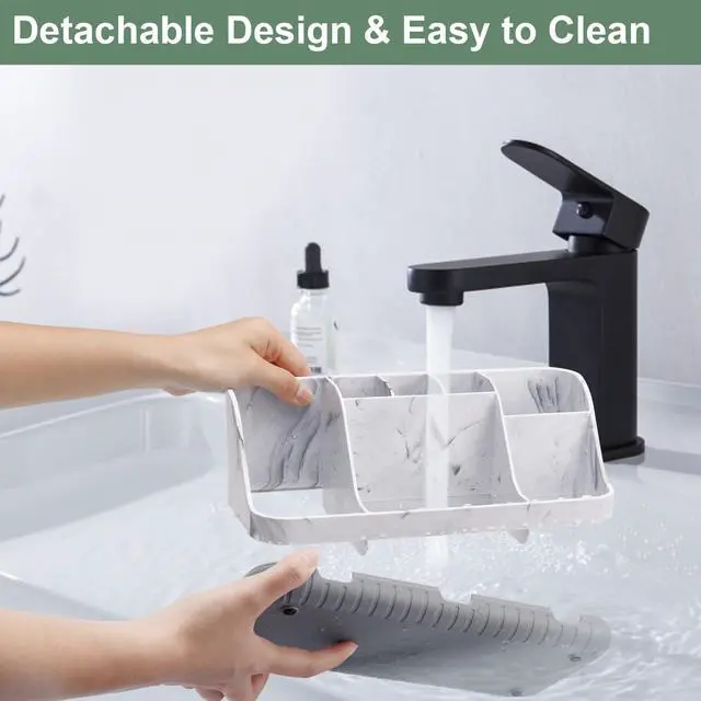Alt view image 3 of 7 - Marble Bathroom Countertop Organizer - Detachable 7 Slots Kids Electric Toothbrush and Toothpaste Holde Drainage for Bathroom Accessories Organization Counter Vanity Storage, Grey