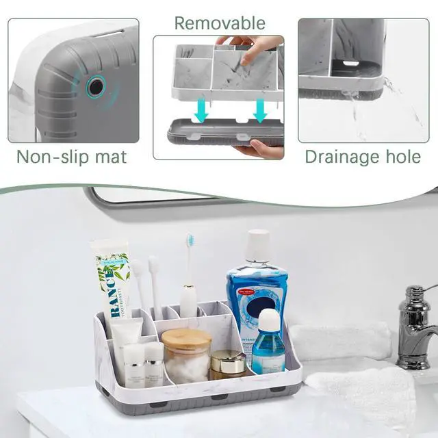 Alt view image 4 of 7 - Marble Bathroom Countertop Organizer - Detachable 7 Slots Kids Electric Toothbrush and Toothpaste Holde Drainage for Bathroom Accessories Organization Counter Vanity Storage, Grey