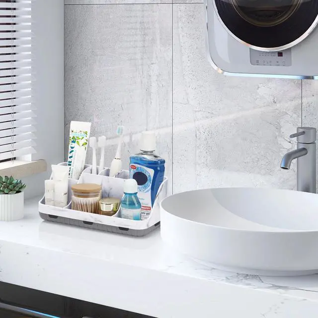 Alt view image 6 of 7 - Marble Bathroom Countertop Organizer - Detachable 7 Slots Kids Electric Toothbrush and Toothpaste Holde Drainage for Bathroom Accessories Organization Counter Vanity Storage, Grey