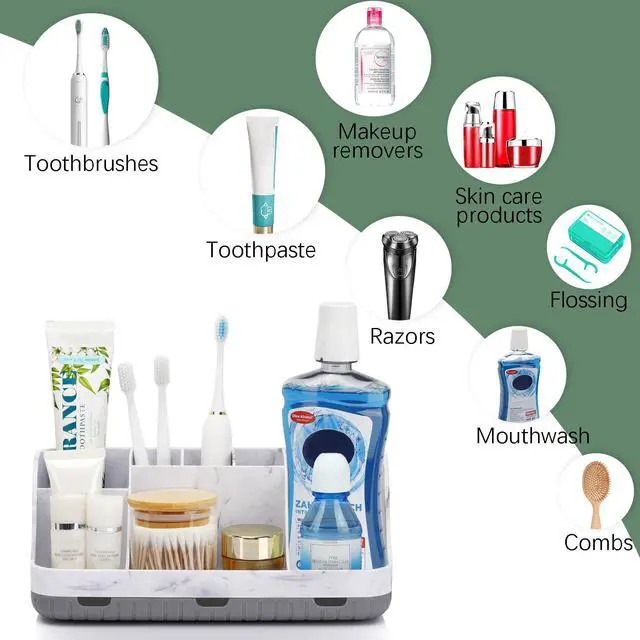 Alt view image 5 of 7 - Marble Bathroom Countertop Organizer - Detachable 7 Slots Kids Electric Toothbrush and Toothpaste Holde Drainage for Bathroom Accessories Organization Counter Vanity Storage, Grey