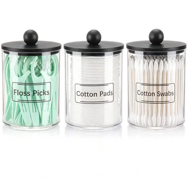 Main image of 3 Pack Qtip Holder, Clear Bathroom Containers Dispenser for Storage Cotton Ball, Cotton Swab 10oz Plastic Bathroom Jars with Wood Lids - Black