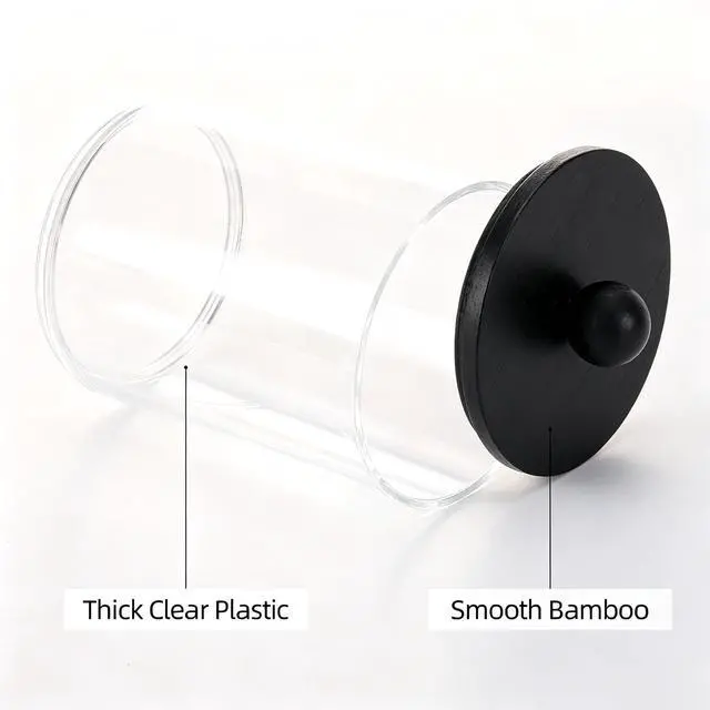 Alt view image 3 of 7 - 3 Pack Qtip Holder, Clear Bathroom Containers Dispenser for Storage Cotton Ball, Cotton Swab 10oz Plastic Bathroom Jars with Wood Lids - Black