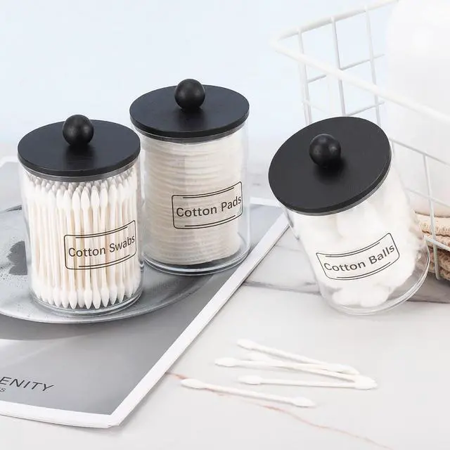 Alt view image 4 of 7 - 3 Pack Qtip Holder, Clear Bathroom Containers Dispenser for Storage Cotton Ball, Cotton Swab 10oz Plastic Bathroom Jars with Wood Lids - Black
