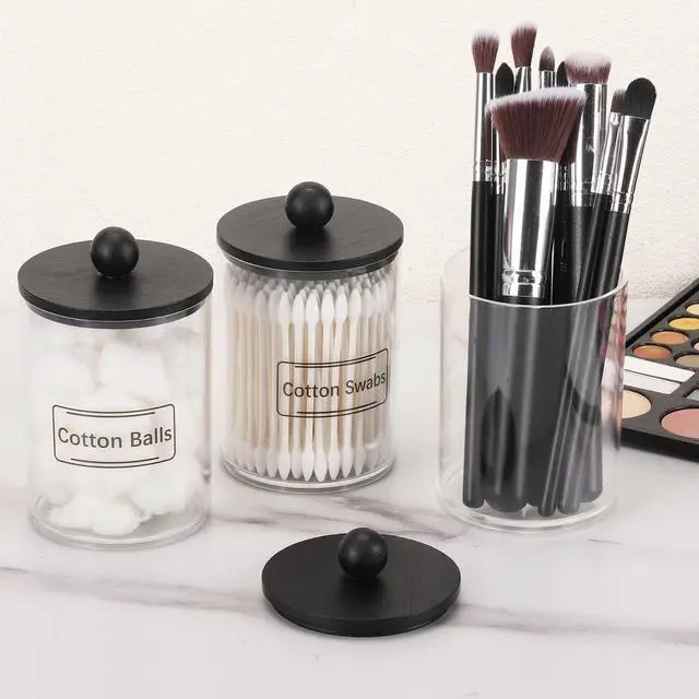 Alt view image 5 of 7 - 3 Pack Qtip Holder, Clear Bathroom Containers Dispenser for Storage Cotton Ball, Cotton Swab 10oz Plastic Bathroom Jars with Wood Lids - Black
