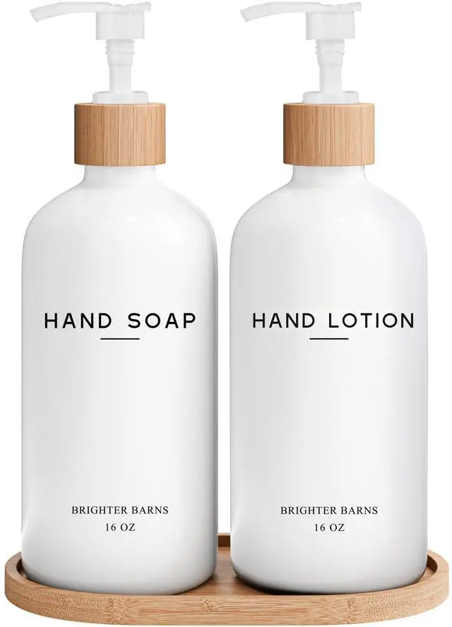 Main image of White Glass Soap and Lotion Dispenser Set with Tray by Brighter Barns - Hand Soap Dispenser Bathroom Set - Bamboo Bathroom Soap Dispenser Set - Minimalist Bathroom Accessories, Modern Home Decor