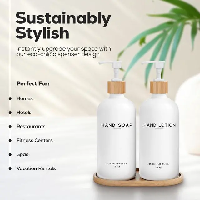Alt view image 2 of 7 - White Glass Soap and Lotion Dispenser Set with Tray by Brighter Barns - Hand Soap Dispenser Bathroom Set - Bamboo Bathroom Soap Dispenser Set - Minimalist Bathroom Accessories, Modern Home Decor