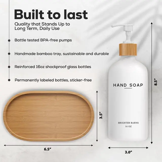 Alt view image 3 of 7 - White Glass Soap and Lotion Dispenser Set with Tray by Brighter Barns - Hand Soap Dispenser Bathroom Set - Bamboo Bathroom Soap Dispenser Set - Minimalist Bathroom Accessories, Modern Home Decor