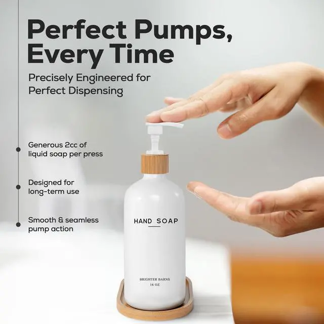 Alt view image 4 of 7 - White Glass Soap and Lotion Dispenser Set with Tray by Brighter Barns - Hand Soap Dispenser Bathroom Set - Bamboo Bathroom Soap Dispenser Set - Minimalist Bathroom Accessories, Modern Home Decor