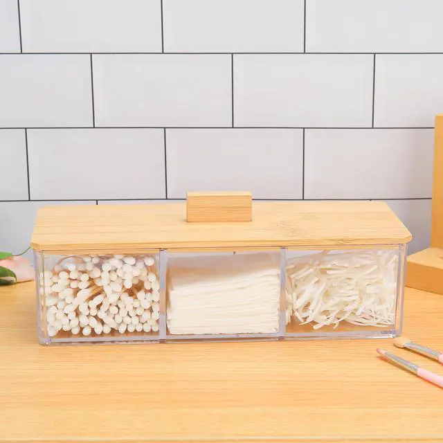 Alt view image 2 of 7 - Wood Qtip Holder 3 Compartments Cotton Ball and Swab Holder Organizer with Lid,Jar for Cotton Rounds,Bathroom Containers,Clear Acrylic Desk Organizer for Makeup Pads,Cosmetics Bedroom