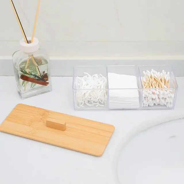 Alt view image 6 of 7 - Wood Qtip Holder 3 Compartments Cotton Ball and Swab Holder Organizer with Lid,Jar for Cotton Rounds,Bathroom Containers,Clear Acrylic Desk Organizer for Makeup Pads,Cosmetics Bedroom