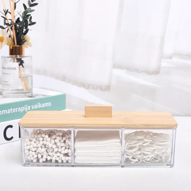Alt view image 7 of 7 - Wood Qtip Holder 3 Compartments Cotton Ball and Swab Holder Organizer with Lid,Jar for Cotton Rounds,Bathroom Containers,Clear Acrylic Desk Organizer for Makeup Pads,Cosmetics Bedroom