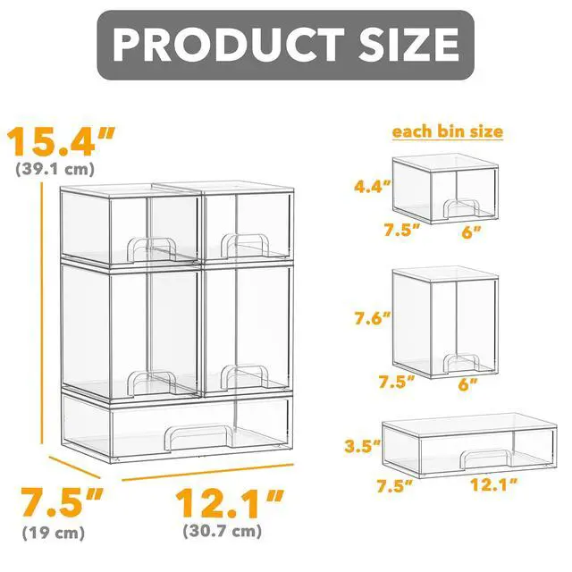 Alt view image 2 of 5 - Bottle Storage Organizer Baby - Acrylic Bottles Station Organizer Container, Stackable Clear Drawers for Countertop, Vanity, Bathroom, Cabinet, Pantry Organization, 5 Pack, 2S2M1L, 15.4"H