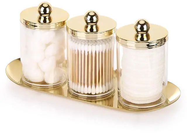 Main image of 3 Pack Qtips Holder with Gold Tray, 10oz Cotton Swab Ball Holder for Bathroom Essentials Accessories Decor Clear Plastic Canister Apothecary Jars