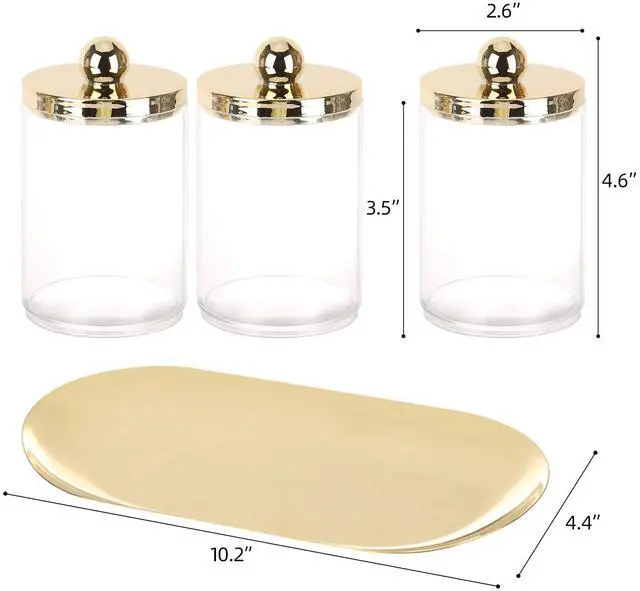 Alt view image 2 of 7 - 3 Pack Qtips Holder with Gold Tray, 10oz Cotton Swab Ball Holder for Bathroom Essentials Accessories Decor Clear Plastic Canister Apothecary Jars
