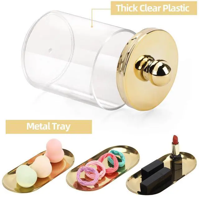 Alt view image 3 of 7 - 3 Pack Qtips Holder with Gold Tray, 10oz Cotton Swab Ball Holder for Bathroom Essentials Accessories Decor Clear Plastic Canister Apothecary Jars