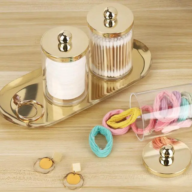 Alt view image 6 of 7 - 3 Pack Qtips Holder with Gold Tray, 10oz Cotton Swab Ball Holder for Bathroom Essentials Accessories Decor Clear Plastic Canister Apothecary Jars