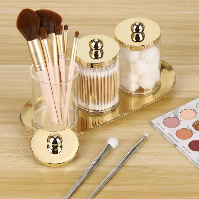 Alt view image 7 of 7 - 3 Pack Qtips Holder with Gold Tray, 10oz Cotton Swab Ball Holder for Bathroom Essentials Accessories Decor Clear Plastic Canister Apothecary Jars