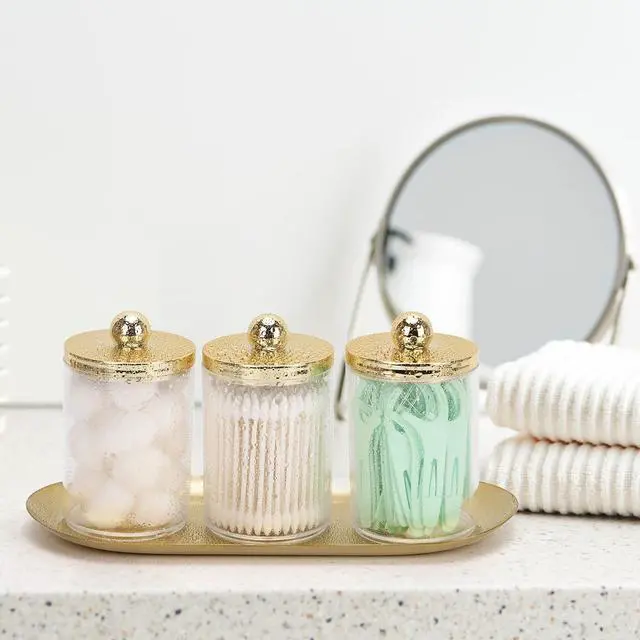 Alt view image 5 of 7 - 3 Pack Qtips Holder with Gold Tray, 10oz Cotton Swab Ball Holder for Bathroom Essentials Accessories Decor Clear Plastic Canister Apothecary Jars