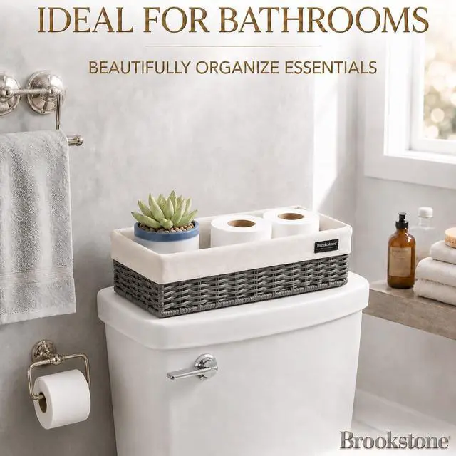 Alt view image 2 of 5 - Over the Toilet Tank Wicker Storage Basket, Bathroom and Closet Organizers and Storage Bins with Fabric Liner, Grey, 2 Pack Set