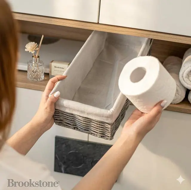 Alt view image 5 of 5 - Over the Toilet Tank Wicker Storage Basket, Bathroom and Closet Organizers and Storage Bins with Fabric Liner, Grey, 2 Pack Set