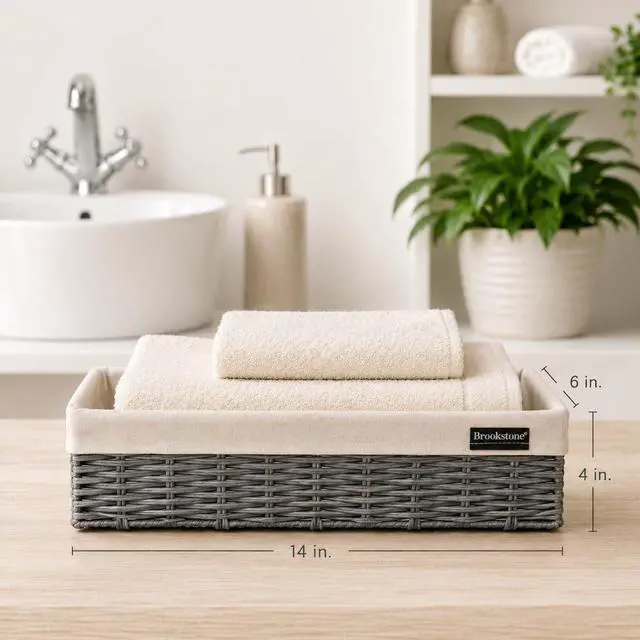 Alt view image 3 of 5 - Over the Toilet Tank Wicker Storage Basket, Bathroom and Closet Organizers and Storage Bins with Fabric Liner, Grey, 2 Pack Set