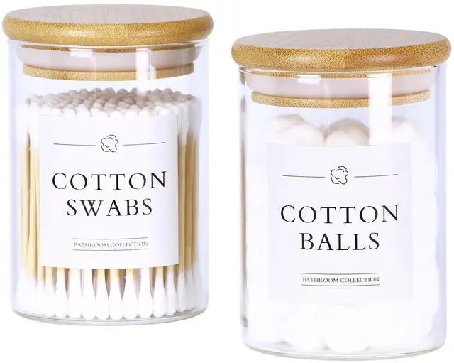 Main image of 2 Pack Qtip Holder Dispenser - Glass Apothecary Jars with Lids, Cotton Ball Pad Swab Round Holder, Bamboo Bathroom Accessories, Bathroom Organizers Containers Jars Canisters with Lids