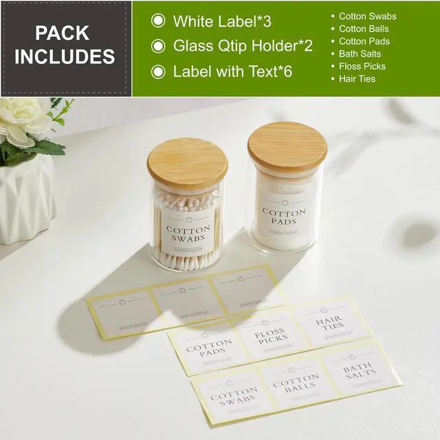 Alt view image 2 of 7 - 2 Pack Qtip Holder Dispenser - Glass Apothecary Jars with Lids, Cotton Ball Pad Swab Round Holder, Bamboo Bathroom Accessories, Bathroom Organizers Containers Jars Canisters with Lids