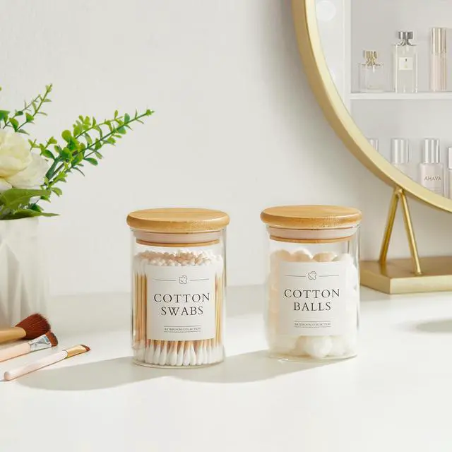 Alt view image 3 of 7 - 2 Pack Qtip Holder Dispenser - Glass Apothecary Jars with Lids, Cotton Ball Pad Swab Round Holder, Bamboo Bathroom Accessories, Bathroom Organizers Containers Jars Canisters with Lids