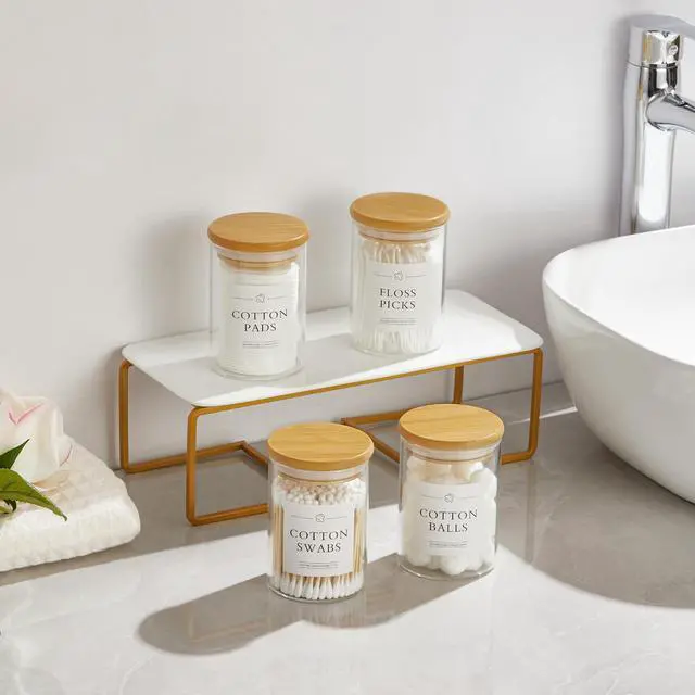 Alt view image 4 of 7 - 2 Pack Qtip Holder Dispenser - Glass Apothecary Jars with Lids, Cotton Ball Pad Swab Round Holder, Bamboo Bathroom Accessories, Bathroom Organizers Containers Jars Canisters with Lids